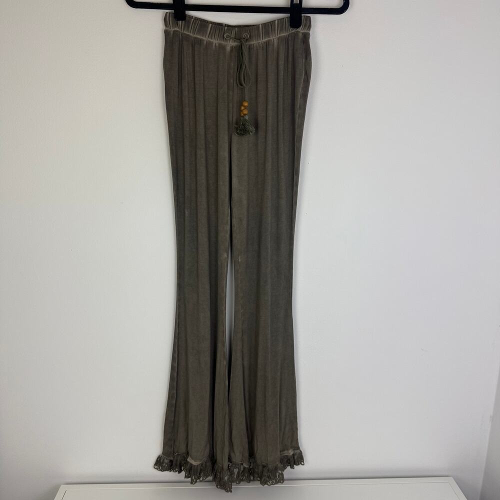 POL Womens Pull-On Adjustable Drawstring Flare Lace Hem Olive Green Pants Small